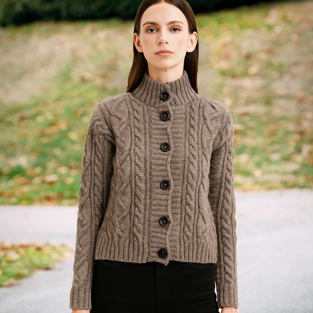 Peregrine 100% Wool Cardigan Fisherman Sweater Chunky Mock Turtleneck